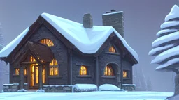 stone cottage in forest in winter