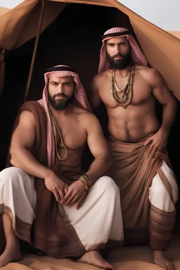 full figure photography of two serious ugly brawn 35-year-old burly beefy bullneck arabs tourist guides wearing bulging traditional clothes, shirtless, big shoulders, hairy chest, manly chest, with very bushy eyebrows, photorealistic, sunlight, ambient occlusion, strong side light , inside a camping tent in the desert