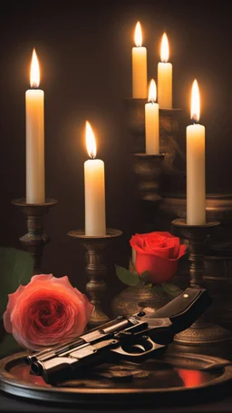 Claude monet painting style candles in the dark with rose and gun