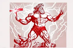 Detailed and realistic illustration of Greek god Zeus holding holding lightning. Vintage style illustration. Red and white lightning. Ultra high resolution. Muscular, low fat percentage.