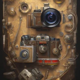 components of the camera laid out flat. poster design. high detailed. oil on canvas.