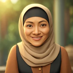 a portrait of smiling moslem woman. 50 years old. indonesian. carricature. thin face. small body. wearing black headscarf. warm undertone brown face skin. black eye pupils. oblong face shape. formal blazer dress. pixar style. 3D. 4k. portrait. highly detailed. sharp focus. high resolution. full color. cinema lighting