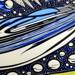 An indigo outer space with UFOs painted by Roy Lichtenstein