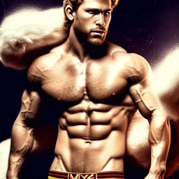 Ignore NSFW, teenager young rugged attractive slightly muscular fantasticly handsome blonde man, red briefs with yellow belt, hairy chest, (((visibly pisssing))) briefs, large erect visible boner peniss, photorealistic, artist Jay Anacleto, soft lighting, scruffy beard