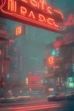 Art deco style architecture cityscape, neon lights, vibrant billboards, traffic