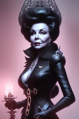 Joan Collins as evil queen in black leather, leather, busty, cleavage, angry, stern look. character design by cory loftis, fenghua zhong, ryohei hase, ismail inceoglu and ruan jia. unreal engine 5, artistic lighting, highly detailed, photorealistic, fantasy