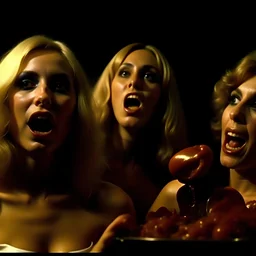 Horror movie shot, spooky, hot, ultra realistic, dine, horns, ultra realistic hot blonde women, party, pieces of meat, organs, ail, dynamic, very excited people, hypermaximalist figures, light, 1970's Italian horror movie, sinister,, Dario Argento, Stanley Kubrik, ornate, 4k, photorealism