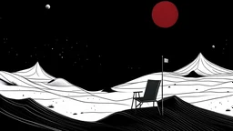 An contemplative and abstract illustration by Miyazaki and Kuniyoshi of a black and white night desert landscape with a small and minimalist empty chair and a red pirate flag.