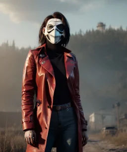 A badass Sofia Buttela wearing a scream mask, atmospheric, realistic, red leather trench coat, unreal engine, cinematic lighting, octane render.