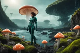 woman in a tight suit, on the shores of an alien world, with mushrooms with jellyfish tentacles, mossy rocks, small plants