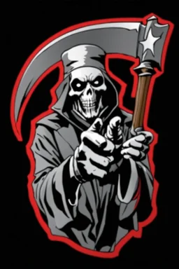 Grim-Reaper gripping scythe and pointing like uncle sam, vignette, black and white graphic novel style with a red outline, and black background, biker style