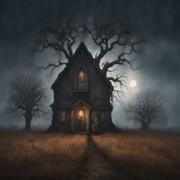 Hyper Realistic Haunted Chapel between a Field & dry old tree at rainy night with scarecrow