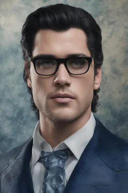 Henry Cavill as Elvis Presley, 4k UHD, photorealistic, ((big, full, plump, pouty lips:1.5)) black hair, big cat-eye eyeglasses, dark blue foggy gradated marble wall background, extremely detailed skin texture,