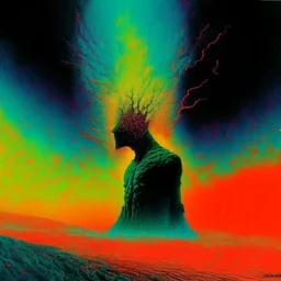 reverse dopamine hit, C8H11O2+C10H12N2O, surreal, neon burn colors, profound, dramatic, ominous minimalism, by Zdzislaw Beksinski