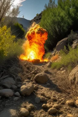 fire explosion under cracked trail rocks