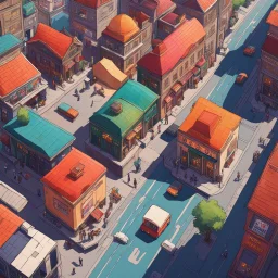 [poster by Andrew MacLean] the vibrant streets of a city with a long history seen from above: old shops and buildings to skyscrapers