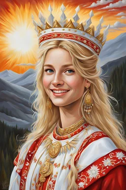 A portrait of a young, happy, beautiful Lithuanian woman with golden blond hair. She wears traditional Lithuanian clothes in red and white adorned with gold and silver trim. She wears a traditional golden Lithuanian crown upon her head. She dances in a valley with the sun in the daytime sky. Acrylic paint on canvas in the style of fantasy artist Ned Dameron.