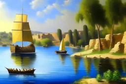 Peder Mork Monsted style, Nile, fortress, sailing boat