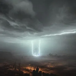 doom scenary. Heavy rain. Epic Lighting in the sky. Knight with magic scroll. Falling meteorite from the sky. Meteorite burning in the distance. Dark mud.