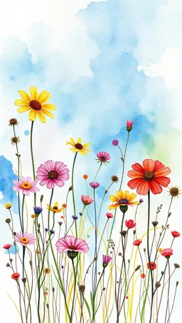a smear . Field of wild a colorful flowers watercolor drawing on a blue splash colors background