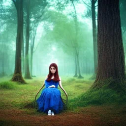 sourceress girl, beautiful, cute, seated, in a mushroom forest, with mist, blue intricate dress, high definition, cinematic, rendering