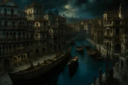 A Venice-style city near a dark forest painted by Leonardo da Vinci