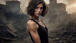 beautiful slender caucasian female technician with a knife, black tank top, well toned muscles, weathered face, scratched sand camo metal details, short brunette wavy bob haircut, dystopian, postapocalyptic city scene with smoke and explosions