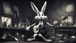 photorealistic deppressed dark melancholic sad Bugs bunny deppressed doing music rock and roll dark heavy metal on a scene alcoholic, ciggaretes ciggaretes ciggaretes