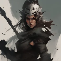 a stern warrior girl against the background of a great battle, fear, death, ,cold colors, oil, by Benedick Bana