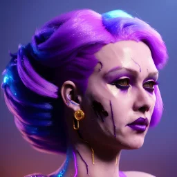 pretty purple shave hair cyber woman, cold ambient, latex, cables, purpurin, blood, black, gold, piercings, brown, decorative color feathers, circuits, neon style, a lot of led lights, fog, rain, vibrant color, highly detailed, art stations, concept art, smooth, unreal engine 5, god rays, ray tracing, RTX, lumen lighting, ultra detail, volumetric lighting, 3d, finely drawn, high definition, high resolution.