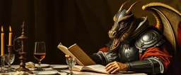 close up portrait painted by Rembrandt, dragon knight holding speech at dinner table