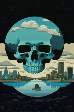 skeletal hand reaching down from a cloudy sky, holding a city within its g The hand is attached to a massive skull that fills the upper portion of the image. The skull is grinning menacing expression. In the foreground, a small gondola with three people is floating on a body of u seemingly unaware of the looming danger above. The image could be interpreted as a metaphor for the fragil life and the inevitability of death.