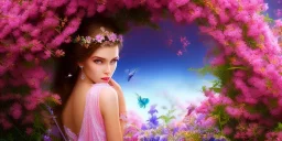 bright fairy, beautiful portrait, flowery landscape