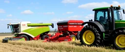 Parked at the edge of a field is a Claas brand Combine(left) Vaderstad Seeder(middle, red) and a John Deere Tractor(right) simplified