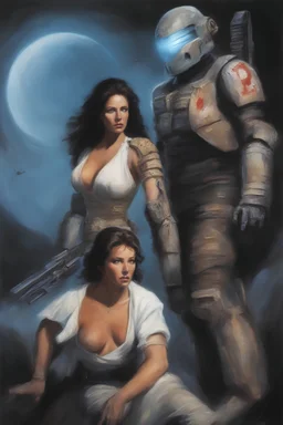 Movie poster - text "Dead Space" - Lynda Carter and Fabio Lanzoni, Don't Trust Anybody, oil on canvas, in the art style of Frank Frazetta,