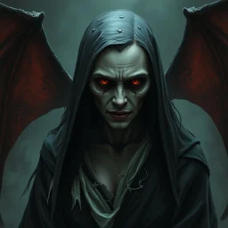 The demon witch, Lorissa Nightshade, appears—a gaunt, pale woman with hollowed out eyes and wearing tattered and torn robes. Grimdark realistic