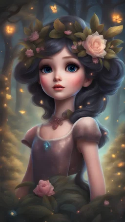 Painting of a beautiful girl, beautiful, haunted forest, flowers on her head, glitter dress, young girl, digital painting, fantasy art, pretty face, inspired by Thomas Kinkade, anime portrait, barbie face, big eyes, bright eyes, dream, trees, forest background, dark night, song, glitters background, fantasy, high quality, 8k