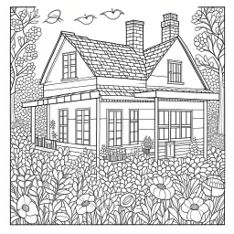 GARDEN HOUSE, "Blooming Beauties, realistic, coloring page, only draw lines, coloring book, clean line art, wildlife-inspired, kid style, –no sketch, color, –ar 3:4, white background, minimalistic black lines, 8k, minimal black color, low level black colors, coloring page, use pure black and white colors, avoid thick black colors, thin black line art, avoid colors, perfect shape, perfect clear lines, clear edges, fill total edges, exact perfect edges,