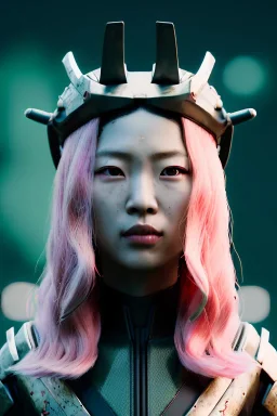 portrait, Asian cyborg woman, samurai warrior :: symmetry photography, cyberpunk style, pink hair, perfect eyes, samurai helmet, black samurai army, katana, japanese traditional ornaments, pink, white, black, glow eyes, cinematic, Ultra realistic, dark scene, soft color, highly detailed, unreal engine 5, RTX, ultra detail, 3d, finely drawn, high definition.