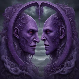 Janus hold the gate I do not trust his double face, realistic artistic illustration, weirdcore, dramatic, gloomy colors, depth of field, dynamic diagonal composition, purple hues, by Tomasz Setowski