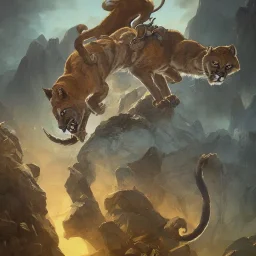A painting of an angry cougar in full armor, blue and white, Inka jungle background, highly detailed, digital painting, Artstation, concept art, matte, sharp focus, illustration, dramatic, cinematic sunset, hearthstone, art by artgerm and greg rutkowski and alphonse mucha