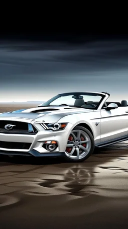 A white mustang GT convertible car as a soul, rain, dark, apart the desert sands