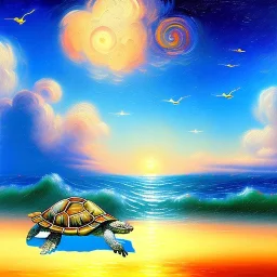 Dibujo al oleo de tortuga pintada con nubes de colores en la orilla de la playa, con nubes de colores, pájaros, barcas, con estilo de Van Gogh 4k