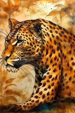 beautiful leopard, textured cold pressed paper, thick encaustic painting style, burned shellac finish --ar 16:9