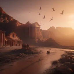 Petra, Ürdün, sunset, fantasy art, flying birds, springs, landscape, beautiful, realistic, hyper detailed, unreal engine 5, octane render