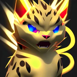 An electric type and dark type, Cheetah pokemon. Lightning bolts shapes as whiskers. Yellow and white fur coverd with blotchy black spots.