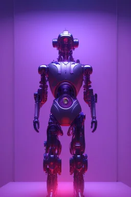 a cyborg watching a mural in a museum art gallery, purple shining lights, octane render, detailed