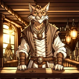 A distressed male khajiit from Skyrim dressed in dirty rags with brown spotted fur in a medieval fantasy tavern cartoon