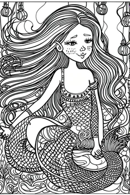 This captivating and delightful black line drawing is perfect for young artists. It features a charming and enchanting mermaid, waiting to be brought to life with colors by a 6-year-old child. The thick and bold outlines make it easy for little hands to color within the lines, fostering creativity and imagination. The mermaid is the centerpiece of the image, with her flowing hair, graceful tail, and a joyful expression on her face. The full undersea background adds depth and excitement to the s