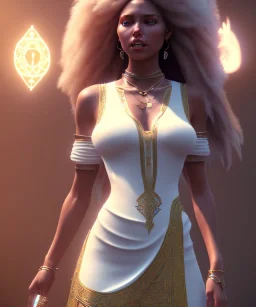 Gipsy, beautiful, curvy body, white fabric dress, beautiful long hair, bandana covering head, long earings, head and shoulders portrait, holding tarot card, 8k resolution concept art portrait by Greg Rutkowski, Unreal Engine 5 volumetric lighting